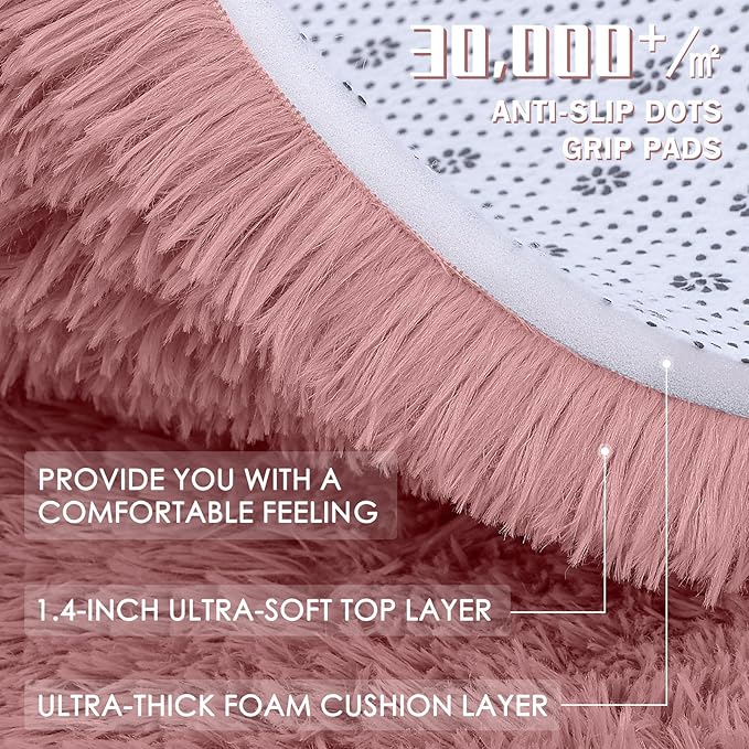 OLANLY Pale Pink Round Rugs for Bedroom - Machine Washable, 7 ft Circle Area Rugs for Living Room, Soft and Fluffy Shaggy Carpet for Teen Girls and Boys, Nursery Rooms, Dorms, Home Decor Aesthetic