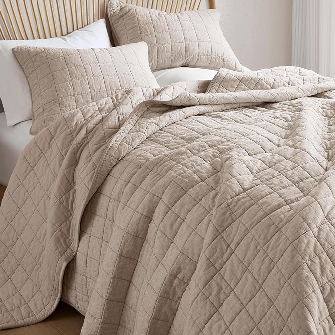 Hyde Lane Luxury Linen Quilt Set Queen Size, Organic European Flax Cotton Blend Bedding for Bedspread and Coverlet, Box Stitched, with 2 Pillow Shams, 90"x96", Linen