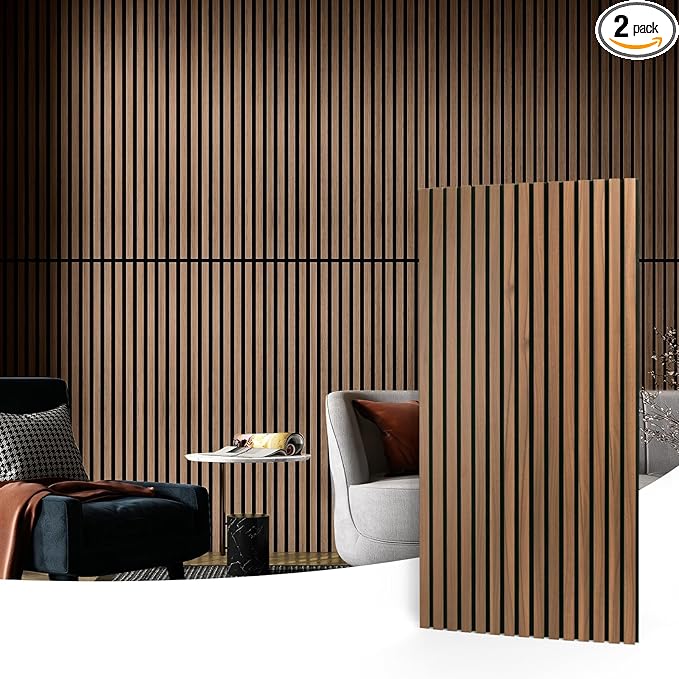 Art3d 2 Wood Slat Acoustic Panels for Wall and Ceiling - 3D Fluted Sound Absorbing Panel with Wood Finish - Walnut