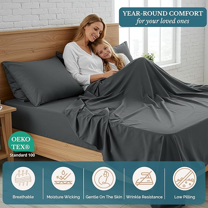 Casa Platino Charcoal 3Pc Brushed Microfiber Twin XL Bed Linen Set - Pre-Washed Ultra Soft, Breathable, Deep Pockets - Hypoallergenic