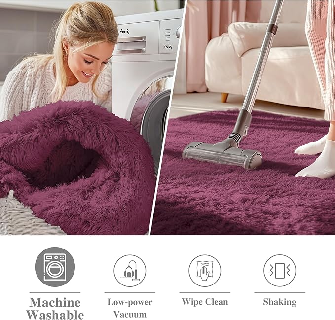 OLANLY Burgundy Round Rugs for Bedroom - Machine Washable, 5 ft Circle Area Rugs for Living Room, Soft and Fluffy Shaggy Carpet for Teen Girls and Boys, Nursery Rooms, Dorms, Home Decor Aesthetic