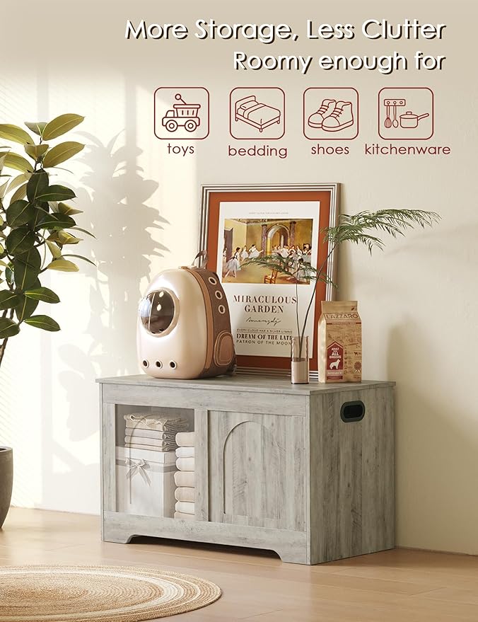 DINZI LVJ Storage Chest, 31.5”Wooden Toy Box with 2 Safety Hinges, Entryway Storage Bench with Flip-Top, Sturdy Storage Trunk for Living Room, Bedroom, Easy Assembly, Gray Wash