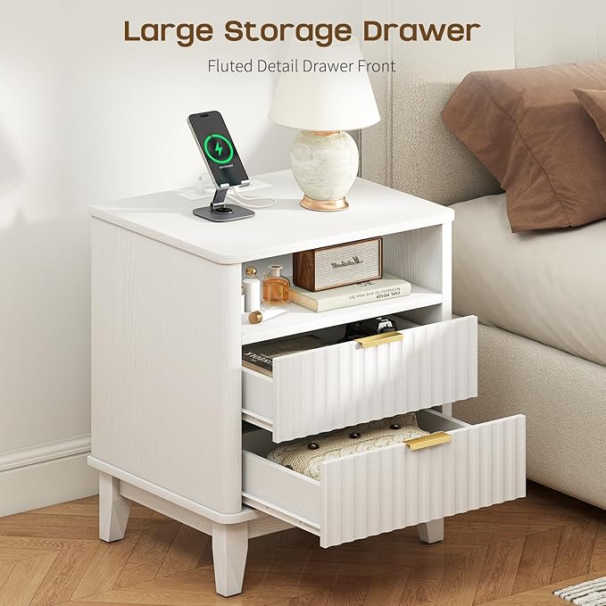 Night Stand Set of 2 with Charger Station, Fluted Nightstand with Drawers and Storage Shelf, Mid Century Modern Bedside Table Nightstands, Large Bed Side Table Wood Night Stands for Bedroom