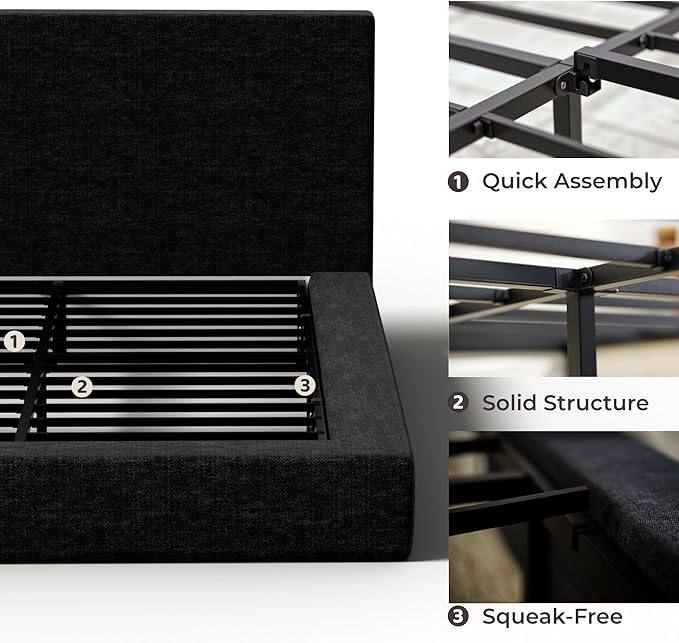 RECCI Cloud Upholstered Queen Bed Frame with Headboard, 5 Inch Foam Padded Platform, No Box Spring, Easy Assembly (Onyx Black)