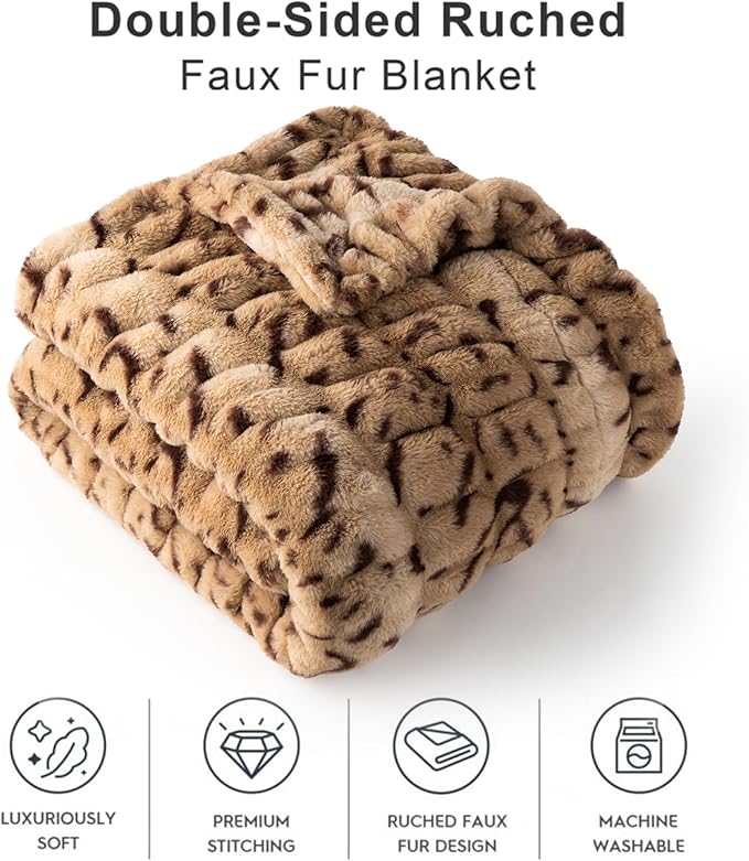 BATTILO HOME Luxury Ruched Faux Fur Throw Blanket Leopard Print, Double Side Soft Warm Rabbit Fur Blanket for Bed, Couch, Fall Throw Blanket for Home Decor, Large Cozy Mink Blanket 60"x80"