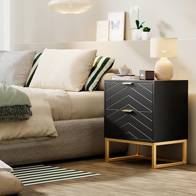 Anbuy Morden 9 Drawer Dresser and Nightstand Sets for Bedroom, 3 Pieces Bedroom Sets Night Stand Set of 2 & 9 Drawer Dresser with Gold Handles, Wood Chest of Drawers Storage Cabinet Set, Green Black