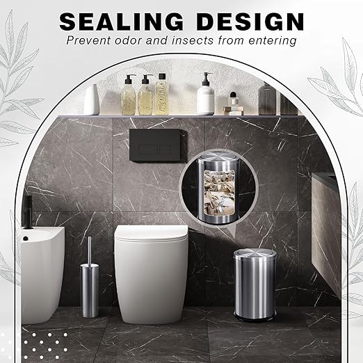 Maxdot 2 Pcs Silver Bathroom Trash Can with Flipping Lid 2.4 Gallon/9 L and Toilet Brush Set, Small Stainless Steel Garbage Trash Can Toilet Cleaner Brush Wastebasket Bin for Bathroom Bedroom Office