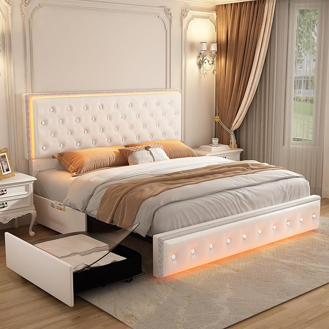 Full Led Bed Frame with 2 Drawers, Storage Platform Bed with Upholstered Crystal Button Tufted Headboard Footboard, 2 Side Pockets, No Box Spring Needed, PU White