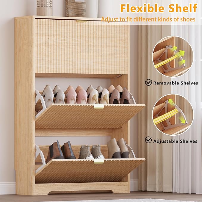 Entryway Shoe Cabinet with 3 Flip Drawers, Narrow Shoe Organizer Cabinet with Fluted Panel and Adjustable Shelves for Foyer, Hallway