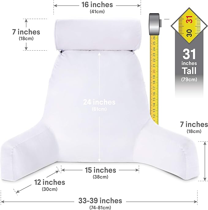 Husband Pillow XXL Aspen Edition - Adult Reading Bed Rest Pillow with Arms & Detach Neck Roll on Bungee Cord - Premium Memory Foam, Reversible 2 Sided Covers Micro Suede or Plush, White Dandelion