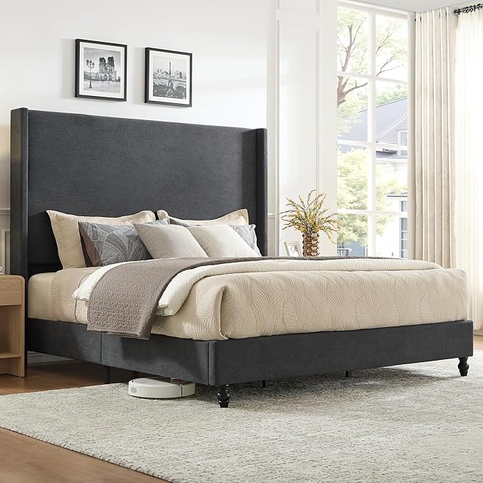 King Bed Frame with 65" Tall Headboard, Horizontal Fine Corduroy Bed Frame with Wingback, Upholstered Platform Bed, Vintage Solid Wood Gourd Legs, No Box Spring Needed, Black