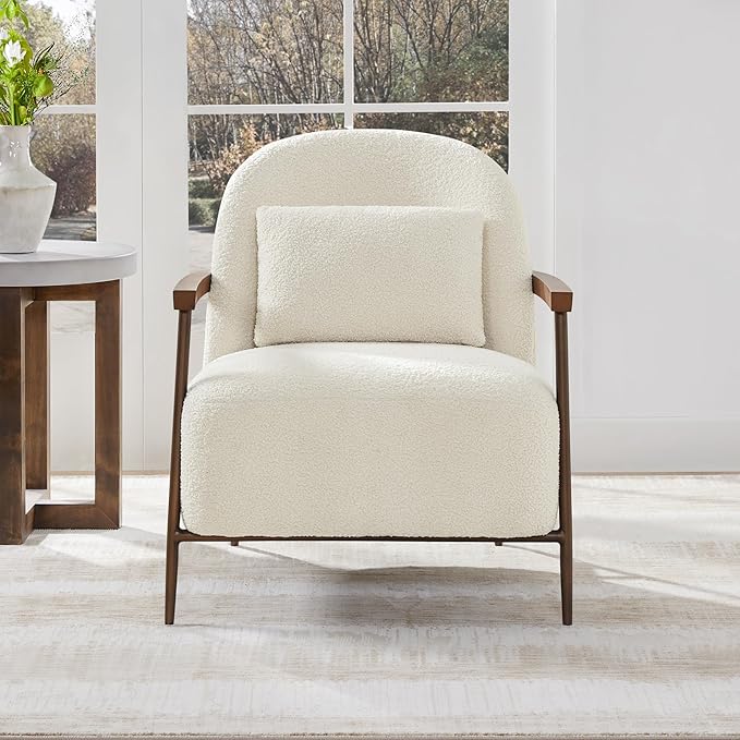 CHITA Accent Chair for Living Room Set of 2, FSC Certified Modern Upholstered Faux Sherpa Fabric Armchair with Metal Frame and Wooden Armrests, Ivory