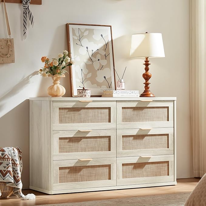 LEYAOYAO Rattan Dresser and Nightstand Set of 3, Boho Wood Dresser for Bedroom with 6 Drawers and Night Stand with Charging Station, Bedroom Furniture, Dressers & Chests of Drawers,Hallway,Living Room