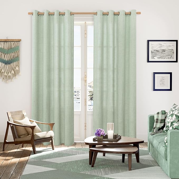 YoungsTex Sage Green Linen Curtains 84 Inches Long for Living Room, Light Filtering Drapes with Bronze Grommet Rustic Semi Sheer Spring Decorative for Dining Bedroom, 52 X 84 Inch, 2 Panels