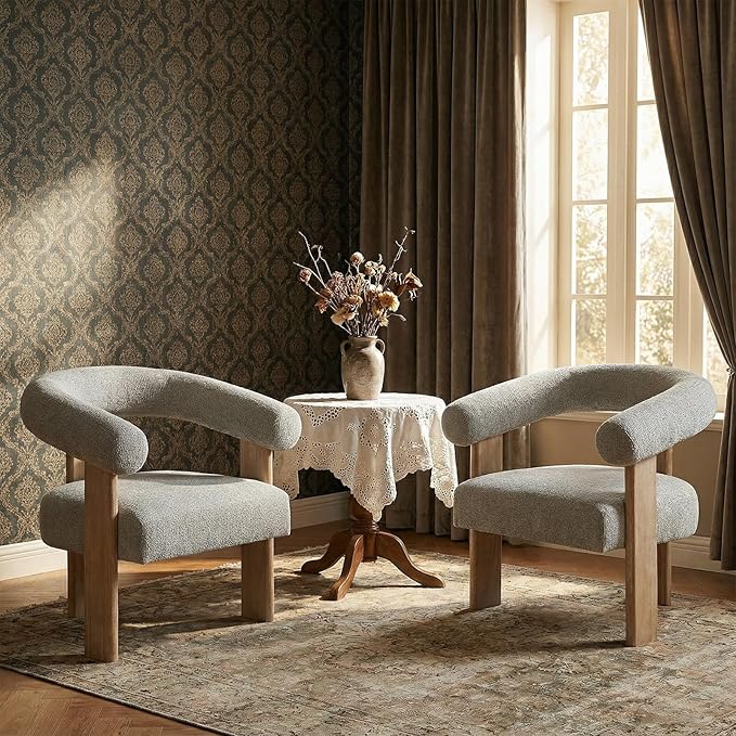 VKNOW Accent Chair Living Room Chairs Set of 2, Modern Upholstered Arm Chair with Solid Wood Legs, Comfy Barrel Accent Chairs for Living Room, Bedroom, Grey