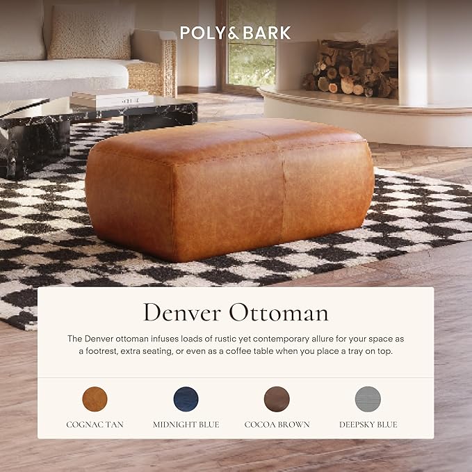 POLY & BARK Denver Ottoman – 43" Large Pouf with Feather-Down Topper – Full-Grain Leather Upholstered Pouf Ottoman for Living Room – Vintage Italian Leather in Cognac Tan