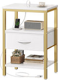 SUPERJARE Nightstand with Charging Station, Bed Side Table with Adjustable Fabric Drawer, Night Stand for Bedroom, 3-Tier Storage End Table, for Living Room, White and Gold