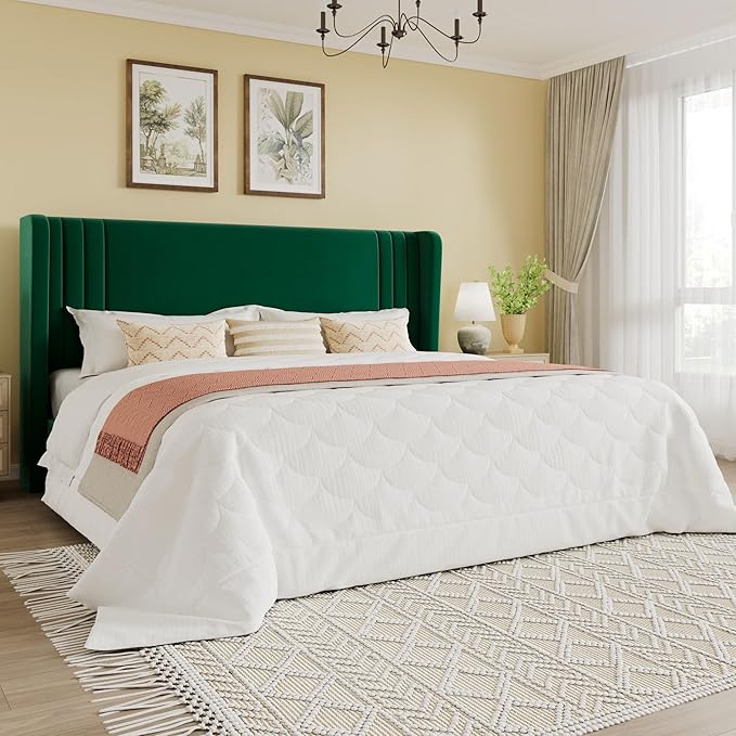 SHA CERLIN King Size Velvet Upholstered Platform Bed Frame with Vertical Channel Tufted Wingback Headboard, Wooden Slats Support, Easy Assembly, Under Bed Storage, No Box Spring Required, Green