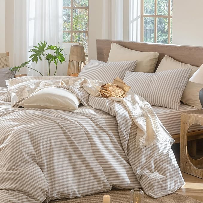 MooMee Striped Duvet Cover Set 100% Washed Cotton Linen Like Textured Breathable Durable Soft Comfy (Tannish Linen Grey White Classic Stripes, Full 80"x90")