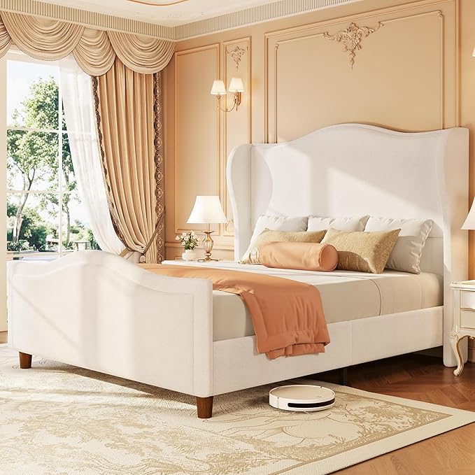 koorlian Queen Bed Frame Chenille Fully Upholstered Bed with Headboard and Footboard, 51" High Deep Tufted Wingback Sleigh Upholstered Platform Bed, Modern Retro Minimalist Style, Easy Assembly, Cream
