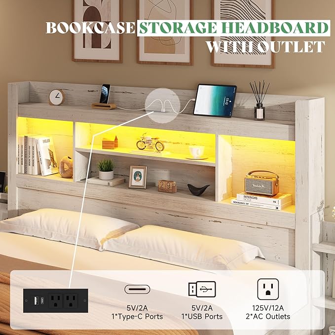 AMERLIFE King Bed Frame with 4 Storage Drawers, LED Bed Frame with 49.6" Tall Bookcase Headboard, Wood Platform Bed with 2 Slide Bedside Shelf & Charging Station, No Box Spring Needed/Distressed White