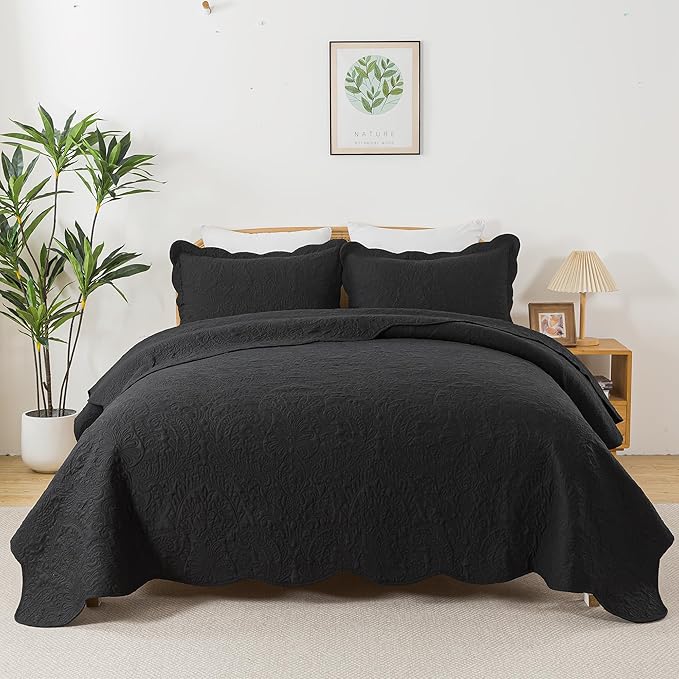 HoneiLife Quilt Sets King Size - Microfiber Bedspreads for King Bed, 3-Piece Lightweight Coverlets, Retro Bedlinen Sets, King Quilt Bedding Set All Season Use-Black