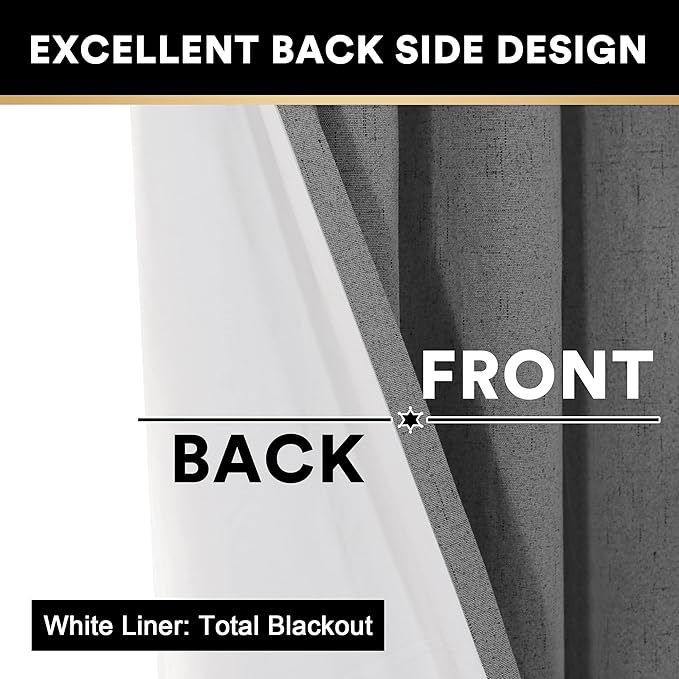 PrinceDeco 100% Blackout Linen Curtains 84 inch Long Thermal Insulated Curtains for Winter Grommet Noise Reducing Window Treatment Drapes for Hall Room,52" Wide Per Panel, Set of 2,Grey