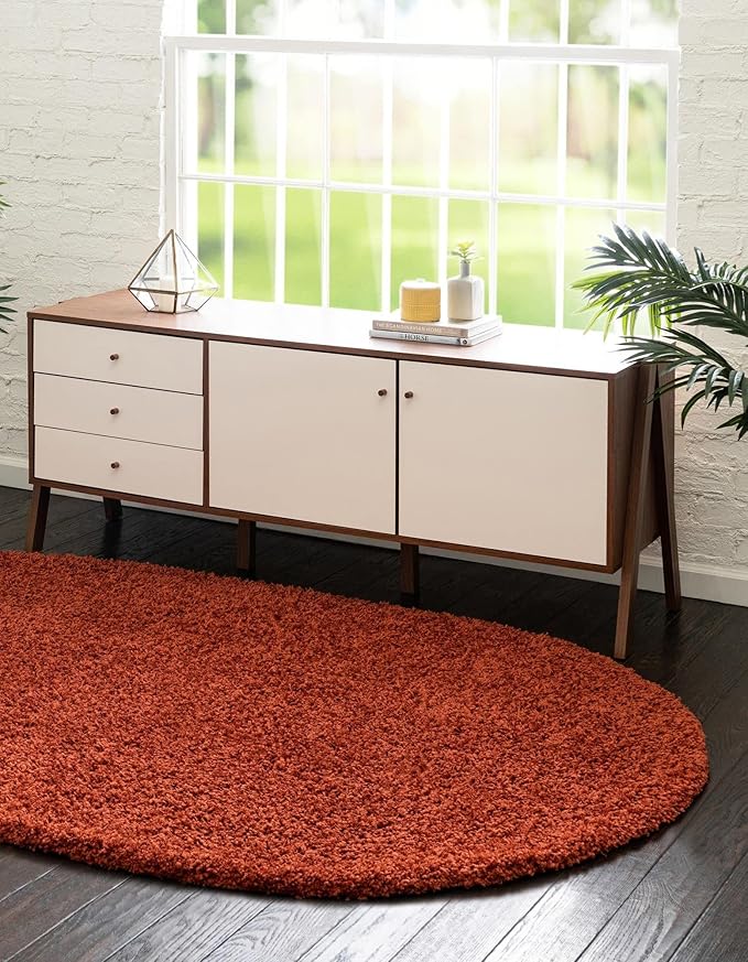 Unique Loom Solid Shag Collection Area Rug (7' 10" x 10' Oval, Terracotta)