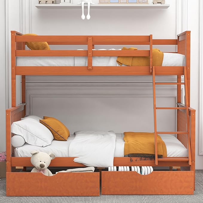 Merax Wood Bunk Bed with Drawers,Convertible Wood Bunk Bed with Ladders and Two Storage Drawers,Solid Wood Detachable Bed Frame with Ladders,Twin Over Full Size,Walnut