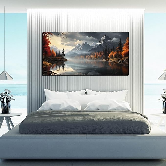 Landscape Wall Art for Living Room Bedroom Home Office Gray Wall Art Mountain Lake Pictures Modern Landscape Large Artwork Framed Canvas Prints 24x48 Inch