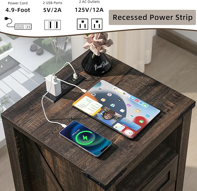 Joaxswe Nightstand with Charging Station and USB Port, Farmhouse Side End Table with 2 Drawers and Shelf Storage, Wooden Sofa Table, Bedside Cabinet for Bedroom, Living Room, Closet, Office (Dark Oak)