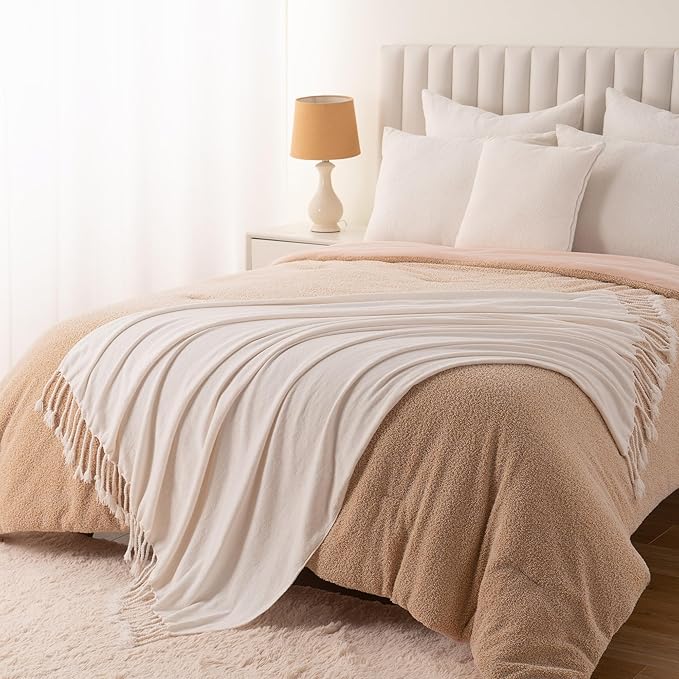 BATTILO HOME Off White Throw Blanket for Couch, Bed, Sofa - Soft Cozy Cream Chenille Throw with Fringe Tassels, Lightweight Farmhouse Knit Throw for Home Decor, 50"x60"