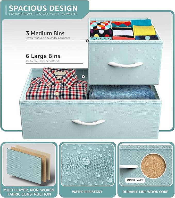 Sorbus Kids Dresser with 9 Drawers - Furniture Storage Chest Tower Unit for Bedroom, Hallway, Closet, Office Organization - Steel Frame, Wood Top, Fabric Bins (Aqua, Solid)