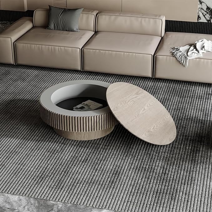 LKTART Round Coffee Table for Living Room, Accent Fluted Drum Coffee Table with Storage, Modern Solid Wood Veneered Circle Center Tea Table for Small Space Apartment (31.5''D×14''H-Grey)