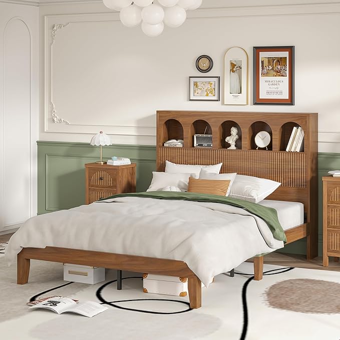 Queen Bed Frame with Storage Headboard 5 Arched Storage Compartments, 12.4 Inch Farmhouse Wooden Queen Bed Frame, No Box Spring Needed, No Noise (Walnut)