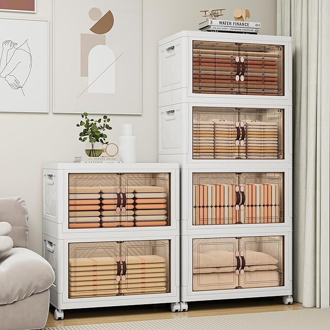 Storage Bins with 2 Lids and Wheels, 990QT-165QT*6Tier Collapsible Bathroom Storage Cabinet with Clear Doors, Plastic Stackable Closet Organizers and Containers White