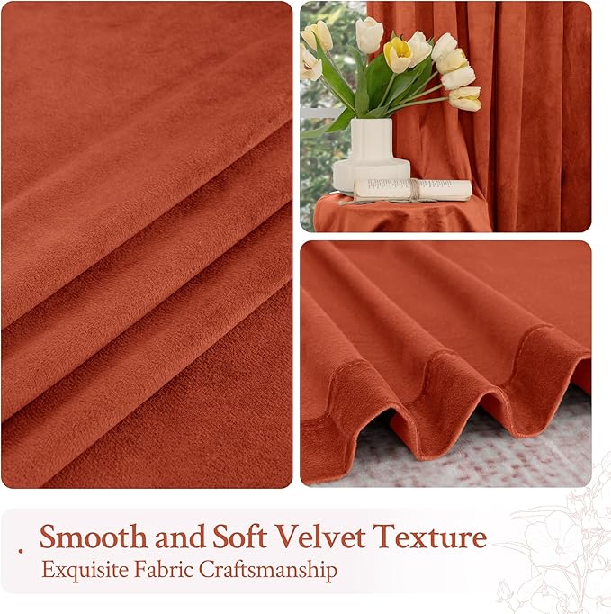LAMIT Terracotta Velvet Curtains 84 Inch for Living Room, Rust Fall Decor Room Darkening Panels for Farmhouse Thermal Noise Reducing Bedroom Drapes with Back Tab and Rod Pocket, 2 Panels, 52 x 84 Inch