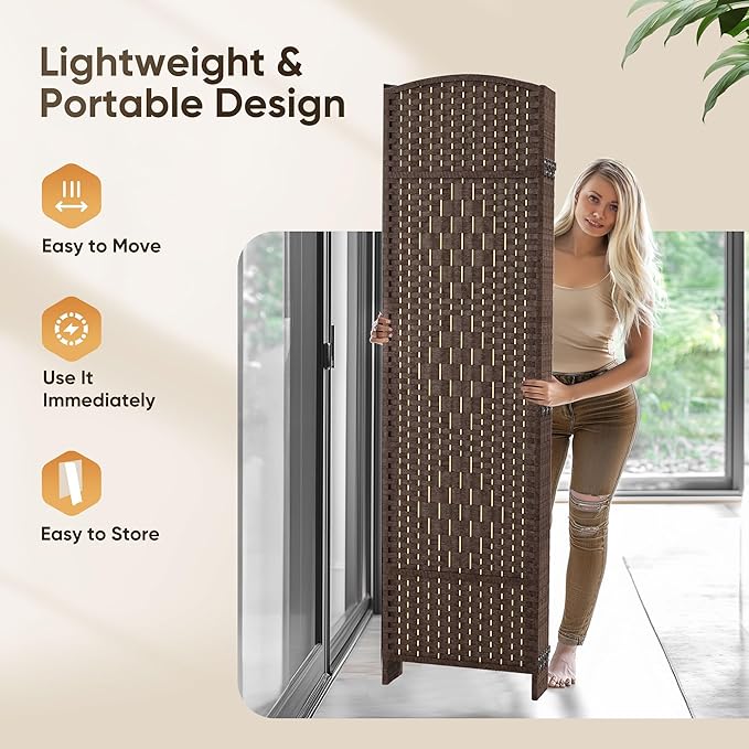 JOSTYLE Room Divider 6ft. Tall Extra Wide Privacy Screen, Folding Privacy Screens with Diamond Double-Weave Room dividers and Freestanding Room Dividers Privacy Screens(Brown, 6-Panel)