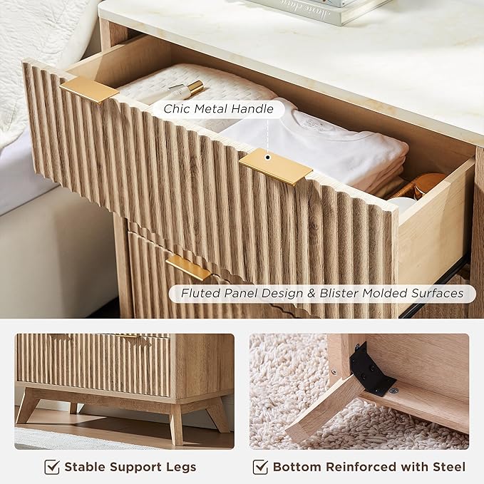 T4TREAM Fluted 3 Drawers Nightstand, Oversized Extra Large Modern Side Table with Faux Marble Top, End Table Bedside for Bedroom, Living Room, Curved Profile Design, Natural Oak | Fluted, Modern, 3 Drawers, with Storage, for Bedroom, for Living Room