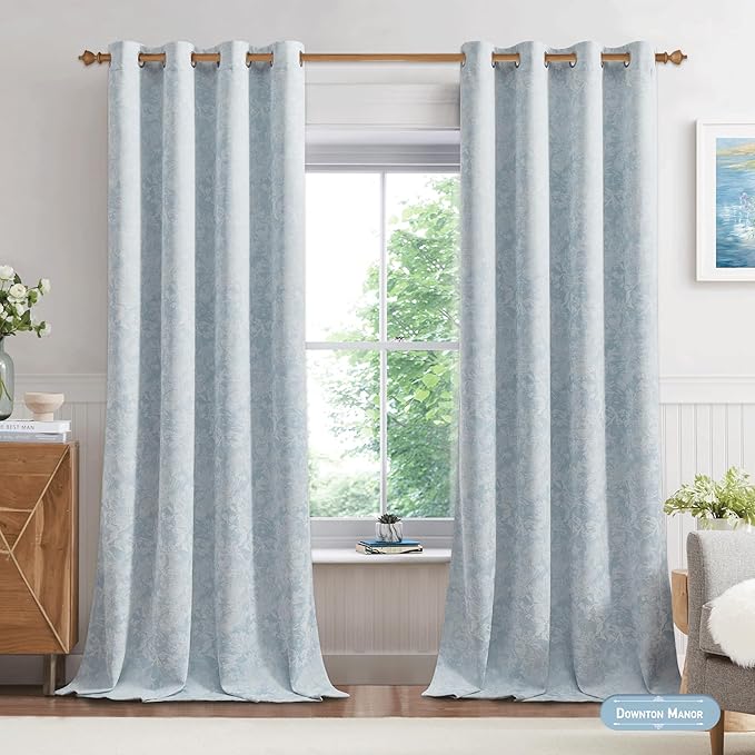 Beauoop Blue Floral Jacquard Blackout Curtains 120 Inches Long 2 Panels for Bedroom Living Room Chenille Flower Room Darkening Thermal Insulated Soundproof Grommet Window Treatments Drapes, 52x120