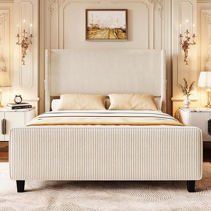 Queen Size Bed Frame with Headboard, Upholstered Platform Bed with Tall Wingback Headboard & Footboard, Corduroy Bed Frames with USB Ports, Easy Assembly, Beige