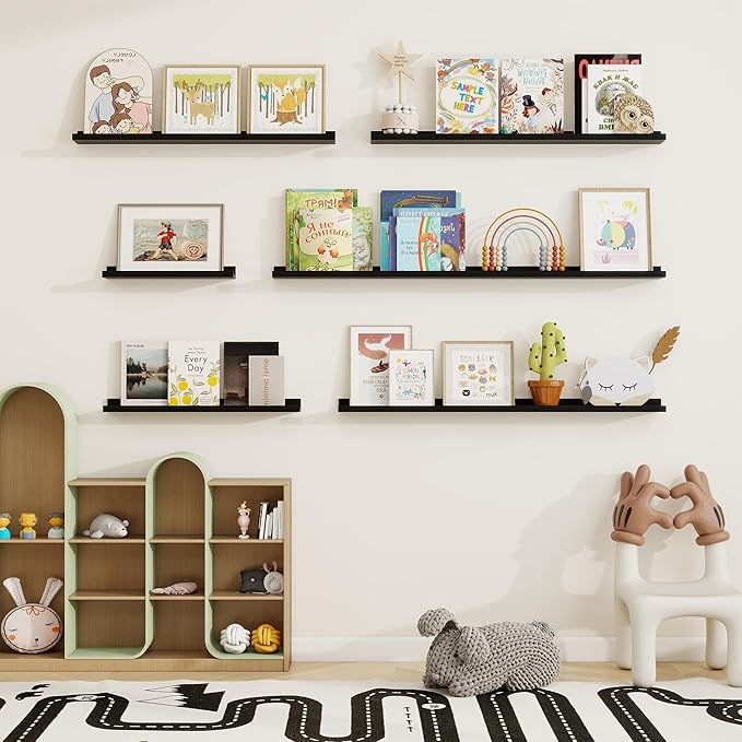 Picture Ledge Shelf, Floating Shelves Set of 2, 32 Inches Solid Wood Nursery Book Shelves for Toys Storage, Kids Bookshelf Wall Mounted for Living Room Bedroom Decor Books Photo Frames, Black