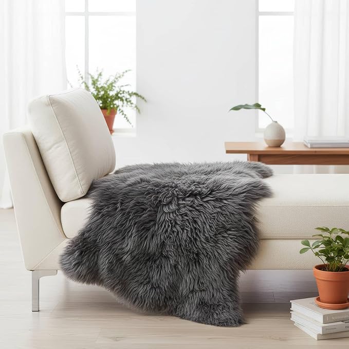 Super Area Rugs Dark Gray Sheepskin Rug - Super Soft Genuine Sheep Skin Fur Rugs - 2x3ft Fluffy Seat Cushion and Chair Cover - Great for Motorcycle Seats
