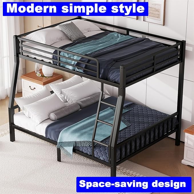 Upgraded Version Thicken Metal Heavy-Duty Full Over Queen Bunk Bed, Best Modern Style Stronger Full XL Over Queen Size Bunk Bed with Ladder for Adults, Easy Assembly (Queen-1 Ladder)