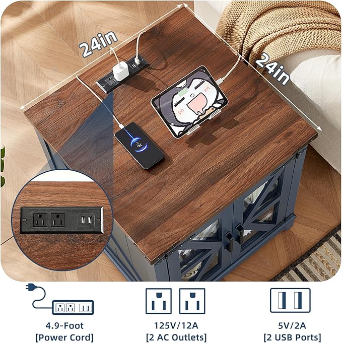 Farmhouse End Table Set 2, Narrow 18'' Night Stand with Glass Barn Door, 24" Square Side Table with Charger Station, Living Room Furniture Sets, Wood Nightstand Bedside Tables for Bedroom