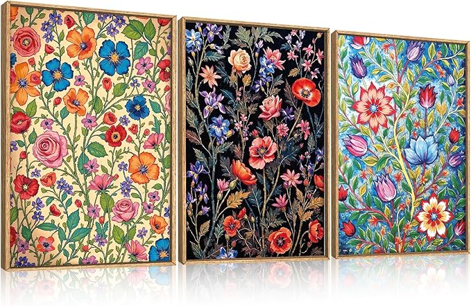 LHIUEM Large Vintage Botanical Flower Framed Canvas Wall Art,Abstract Colorful Wildflower Wall Decor,Rustic Bouquet Wall Painting,Poster Artwork for Living Room,Bedroom,Dining Room,Office -24"x36"x3