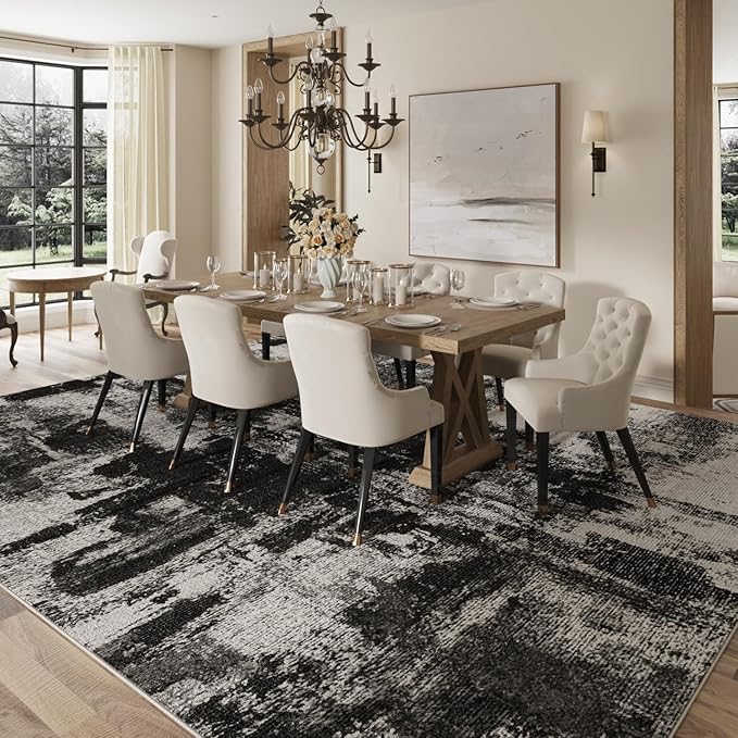 Area Rugs 8x10, Modern Abstract Machine Washable Rugs for Living Room Thin Carpet Indoor Floor Non-Shedding Carpets for Bedroom Dining Room Farmhouse Home Office | Black White