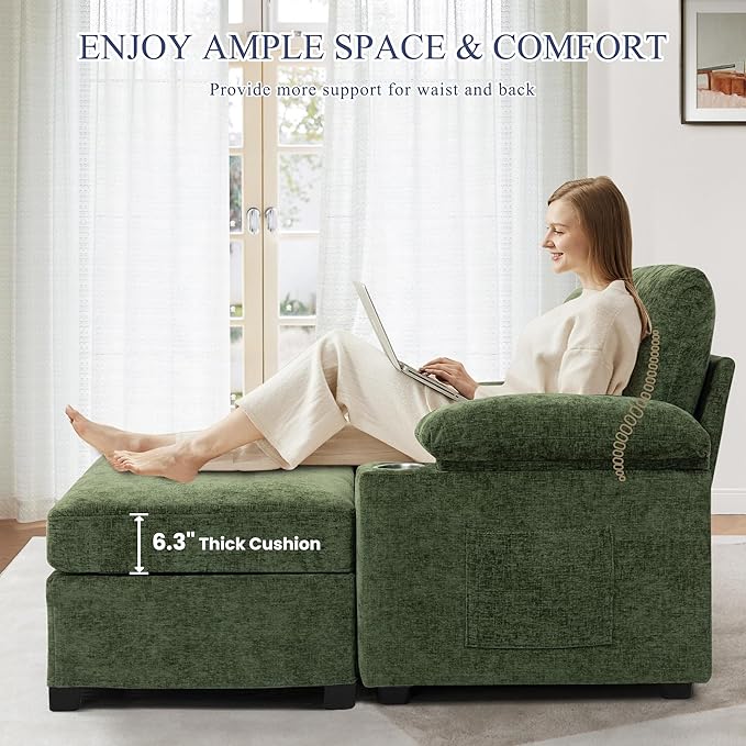 SUNWAVE 58" Chaise Lounge Chair with Ottoman, Chenille Fabric Sofa Bed, Accent Chair with Cupholders & USB Charging Ports for Living Room, Bedroom, Apartment (1 Chaise Forest Green)