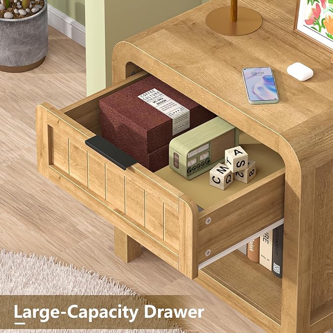 IKENO Wood Nightstand Set of 2 with Storage Drawer, 21" Wide NightStand with Curved Profile Design, Bedside End Table for Bedroom, Living Room, Closet (2, Natural Oak, 1 Drawer)