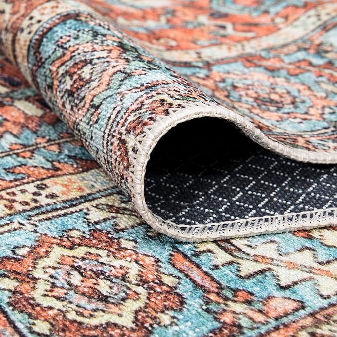 Bloom Rugs Washable Non-Slip 4' x 6' Rug - Orange/Blue Traditional Area Rug for Living Room, Bedroom, Dining Room, and Kitchen - Exact Size: 4' x 6'